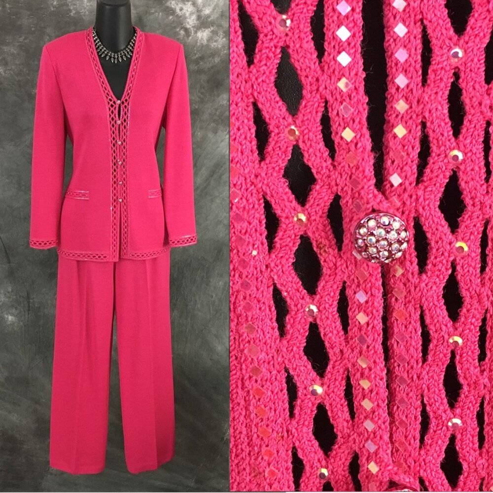 BEAUTIFUL St John evening pink rhinestones embellished knit jacket pant suit 2
